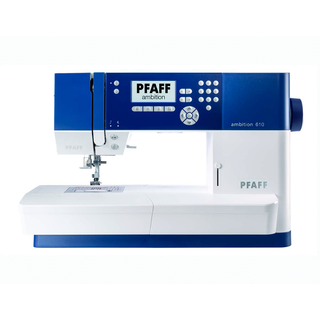 The PFAFF Ambition 610 is a blue and white quilting sewing machine with various buttons, a front digital display, and the precise IDT System for reliable fabric feeding.