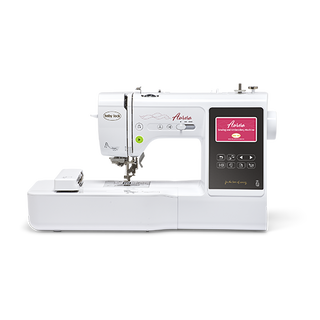 A white Baby Lock Aurora Embroidery and Sewing Machine, equipped with computerized features and a digital display, labeled "Aventura," and offering 303 built-in embroidery designs.