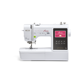 A computerized sewing and embroidery machine with an LCD display and various control buttons, branded with the name "Baby Lock" on the front. The Baby Lock Aurora Embroidery and Sewing Machine model includes 303 built-in embroidery designs for creative versatility.