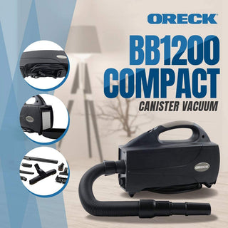 Image of the Oreck Compact Canister BB1200DB-Black highlighting its versatile use with various attachments. This portable handheld vacuum from Oreck offers advanced HEPA filtration and a compact design for easy cleaning.