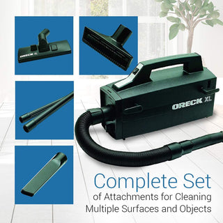 Complete set of attachments for cleaning multiple surfaces using the Oreck Super-Deluxe Compact Canister Vacuum Cleaner by Oreck.