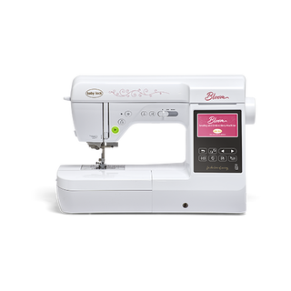 A Baby Lock Bloom Sewing and Embroidery Machine in white, featuring a digital touchscreen display, built-in designs, and convenient one-touch buttons for various functions.