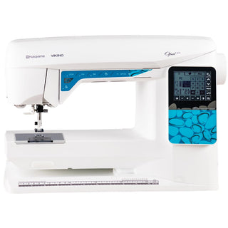 The Husqvarna Viking Opal 670 is a white and blue computerized sewing machine with a digital display, multiple control buttons, and a spacious sewing area for versatile projects.