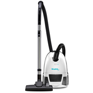 The simplicity Jill Canister Vacuum Cleaner is a lightweight model with powerful suction, shown upright with a black hose and wand against a white background.