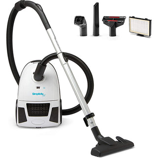 A Jill Canister Vacuum Cleaner by Simplicity with a light and other accessories.