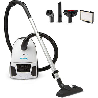 The simplicity Jill Canister Vacuum Cleaner is a lightweight model with powerful suction, a hose and floor attachment, plus three accessory nozzles and a rectangular filter.