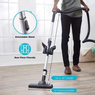 A person uses the simplicity Jill Canister Vacuum Cleaner with an extendable wand (up to 46"), a 10" cleaning width, and powerful suction for efficient bare floor cleaning; graphics highlight these standout features.