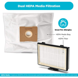 The simplicity Jill Canister Vacuum Cleaner features dual HEPA media filtration with a HEPA bag and filter, providing powerful suction to capture allergens, dust, and microscopic particles.