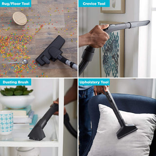 Four images display the Simplicity Jill Canister Vacuum Cleaner in use with a rug/floor tool, crevice tool, dusting brush, and upholstery tool—each demonstrating its powerful suction.