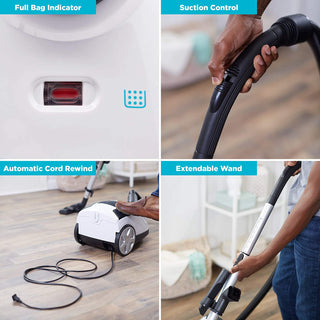 Four images showcase the simplicity Jill Canister Vacuum Cleaner’s features: full bag indicator, suction control, automatic cord rewind, and an extendable wand—shown as a person cleans a hardwood floor.