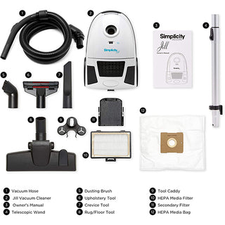 The simplicity Jill Canister Vacuum Cleaner set features powerful suction, a lightweight canister, hose, power unit, manual, telescopic wand, various brushes and tools, filters, and a vacuum bag—all labeled and neatly arranged on a white background.