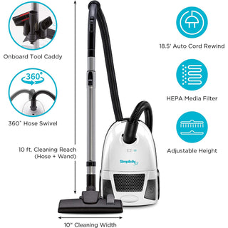 The Simplicity Jill Canister Vacuum Cleaner is a white, lightweight model with attached hose, wand, and floor head. Features include auto cord rewind, HEPA filter for clean air, powerful suction, and an onboard tool caddy.