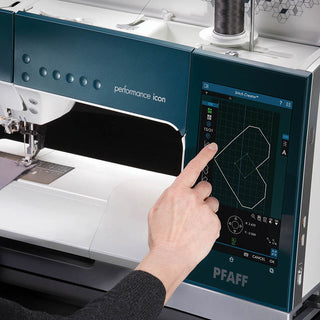 A user selects a geometric stitch pattern on the large touchscreen of the PFAFF Performance Icon sewing machine, enjoying its spacious working area.