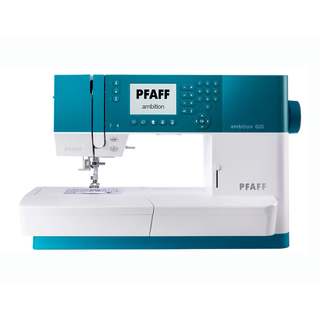 The PFAFF Ambition 620 sewing machine in teal and white features a digital display, control buttons, a wide sewing platform, and PFAFF’s IDT Integrated Dual Feed system for precise fabric handling.