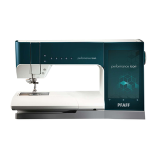 The PFAFF Performance Icon sewing machine features a digital display, multiple function buttons, ActivStitch Technology, and offers the brand's largest working area for creative freedom.