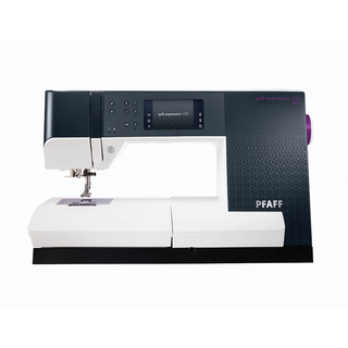 The PFAFF Quilt Expression 720 is a digital sewing machine with an LCD screen and multiple control buttons, ideal for quilting enthusiasts who value precision.