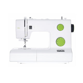 A PFAFF Smarter by Pfaff 140S sewing machine, white with green dials and buttons, is shown from the side against a plain background. It features 21 stitches and an integrated needle threader.