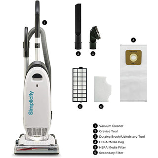 The Simplicity S20EZM Allergy Bagged Upright from Simplicity offers strong suction and includes labeled accessories: crevice tool, upholstery brush, HEPA bag, media filter, and secondary filter for a cleaner home.