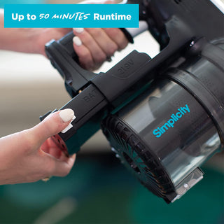 A person is holding a Simplicity S65P Premium Cordless Stick Vacuum with the text up to 30 fps runtime.
