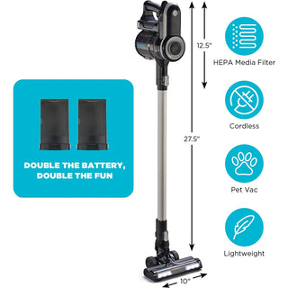 A Simplicity vacuum cleaner with a battery and two attachments.