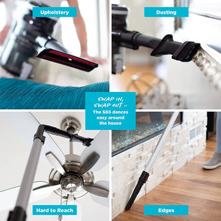 A series of pictures showing how to clean a Simplicity S65P Premium Cordless Stick Vacuum.