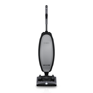 An Oreck Discover Upright Vacuum cleaner in black and grey on a white background.