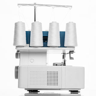 The PFAFF Admire 1000 overlock machine, in white and blue, is displayed with four large cones of white thread and differential feed, set against a plain white background.
