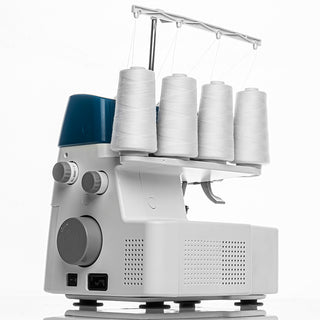 The PFAFF Admire 1000 overlock serger features four large white thread spools, dials, vents, and differential feed, displayed on a plain white background.