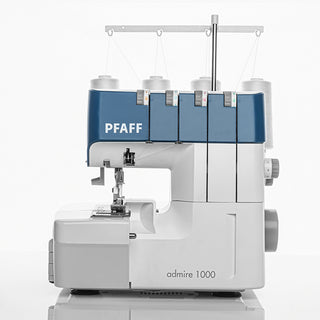 The PFAFF Admire 1000, a blue and white overlock machine with four thread spools, offers easy threading and differential feed, shown on a plain white background.