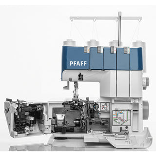 The PFAFF Admire 1000 overlock machine is shown with its side open, revealing internal mechanisms, threading guides, and the differential feed system against a plain white background.