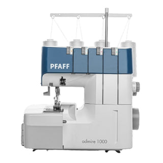 The PFAFF Admire 1000 is a white and blue overlock machine featuring four thread spools, labeled tension dials, easy threading, and adjustable differential feed.