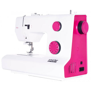 A white and pink Smarter by Pfaff 160s sewing machine on a white background.