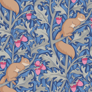 A repeating pattern of squirrels resting on tree branches with acorns, surrounded by blue and gray leaves.