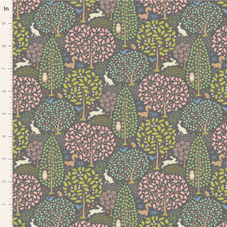 Patterned fabric shows a repeating design of rabbits, trees with colored foliage, birds, and squirrels, with a ruler on the left indicating scale in inches.