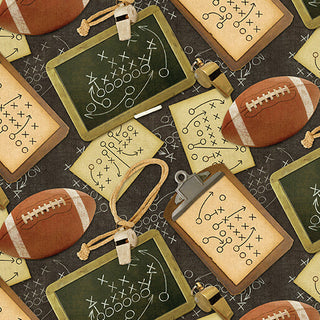 Pattern featuring American footballs, whistles, and chalkboards or clipboards displaying play diagrams.