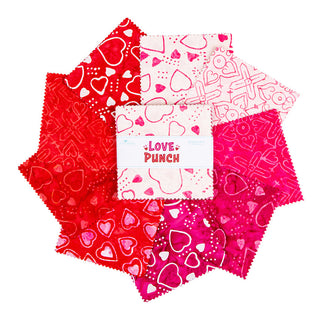 A collection of red, pink, and white patterned fabric squares with hearts and crosses, arranged in a circle around a label that reads "Love Punch.