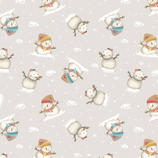Pattern featuring cartoon snowmen in striped hats and scarves on a light gray background with scattered snowflakes.