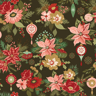 A seamless pattern featuring poinsettias, various flowers, pine branches, holly, berries, and vintage Christmas ornaments on a dark background.