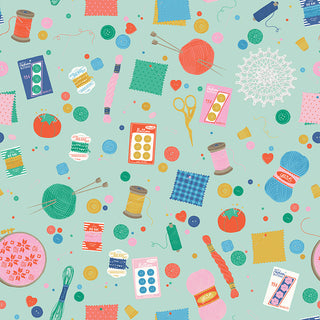 A seamless pattern featuring sewing and knitting supplies such as yarn, thread spools, buttons, needles, scissors, fabric swatches, and embroidered hoops on a light green background.