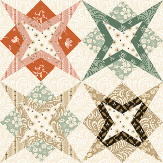 A geometric quilt pattern features interlocking eight-pointed stars in muted green, rust, cream, and brown tones with floral and paisley designs.
