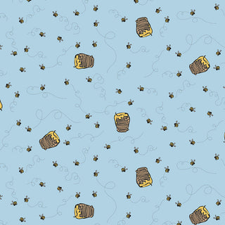 Pattern of cartoon bees flying around yellow beehives on a light blue background, with dotted flight paths connecting the bees and hives.