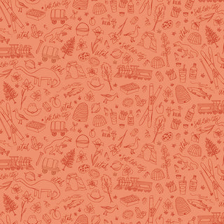 Seamless pattern with hand-drawn Utah-themed icons, including wildlife, skis, mountains, honey, flowers, and "Salt Lake City" and "Utah" text, on a reddish background.