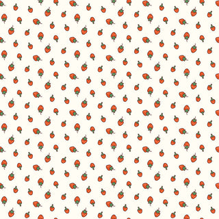 A repeating pattern of small red strawberries with green leaves on a light beige background.