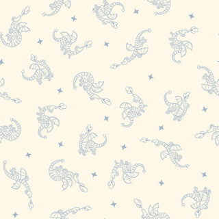 Light beige background with a repeating pattern of blue outlined chameleons and small blue stars, arranged randomly.