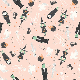 Seamless pattern featuring cartoon witches, vampires, mummies, skeletons, ghosts, Frankenstein, black cats, and cauldrons on a light pink background.