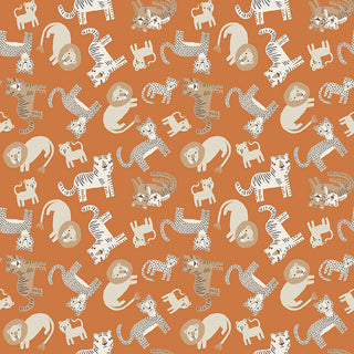 Seamless pattern featuring illustrated lions, tigers, leopards, and monkeys on an orange background.