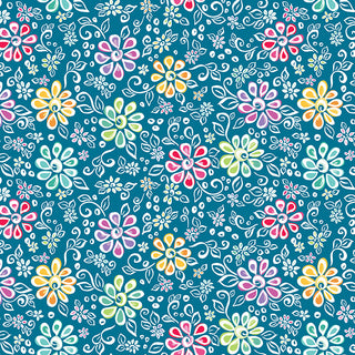 Seamless floral pattern with colorful, stylized flowers and white leaves on a teal background. The design is repetitive and features pink, yellow, green, and purple hues.