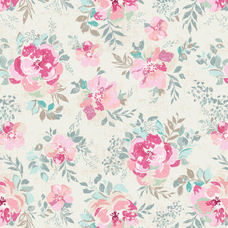 A seamless pattern of pink and coral watercolor-style flowers with green and teal leaves on a light beige background.