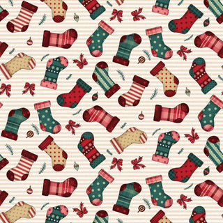 Pattern of assorted Christmas stockings, bows, and small ornaments on a striped cream background.