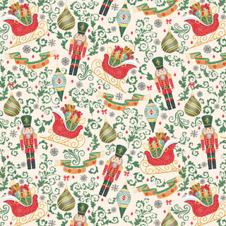 Festive pattern with nutcrackers, ornate sleighs filled with gifts, Christmas ornaments, swirls, holly leaves, and snowflakes on a light background. Red, green, and gold colors dominate the design.